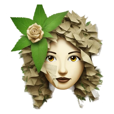  Photograph of Hemp 420 lady face made of 420 origami newspaper roses hemp leaves lantern fairy lights burning paper and hemp leaves in hair  sticker