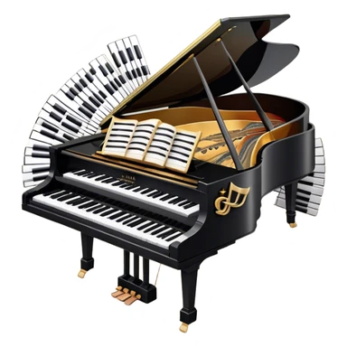 Create a sophisticated and celebratory emoji collage representing keyboard instruments, designed in the style of a coat of arms or crest. The design should feature a central, surrounded by a ribbon of musical notes. The ribbon should intertwine with a second ribbon made of black-and-white piano keys, creating a flowing, symmetrical pattern. Include delicate, elegant details such as the pedals of the grand piano, intricate woodwork, and the glossy, polished surface of the instrument. The musical notes should be swirling around the design in a harmonious, festive arrangement. Use gold, silver, and rich wood tones to evoke a sense of luxury and professionalism, with the black-and-white keys of the piano adding contrast. The background should remain transparent sticker