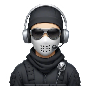 Futuristic special forces soldier wearing a white full-face balaclava, black wraparound sunglasses, and a high-tech military headset with a microphone. Dressed in a dark hoodie. sticker