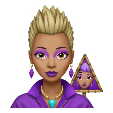 57 years young,  Black queen with a  no hair on side and a mohawk hairstyle, purple lipstick,  purple eyeshadow,  droopy looking  eyes, bamboo triangle earrings with the name Draya personalized on them.  sticker