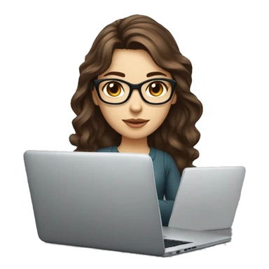female coder with apple laptop in front of her, long wavy brown hair, brown eyes, type of glasses cat eyes, white skin, dark-brown wavy hair, red clothes sticker