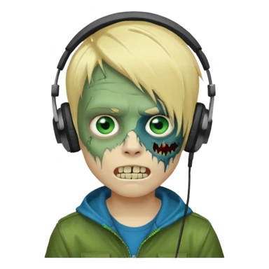 boy zombie whit blonde emo hair and eyes blue and GREEN SKIN and heandphones and a microfone and gold teeth sticker