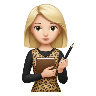 Blond hair girl with a leopard print dress and black leggings holding a note book and a pen sticker