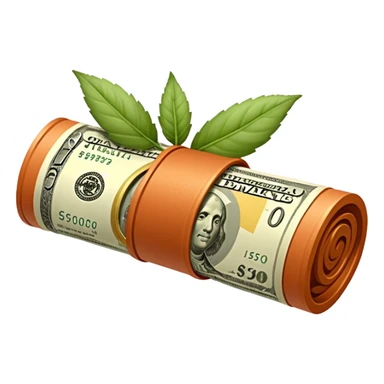 Una miniatura fotorrealista de un billete de cien dólares enrollado elegantemente con un hilo de oro brillante y un pequeño acento de hoja de salvia. Fondo terracota. Estilo: lujo financiero y orgánico sticker