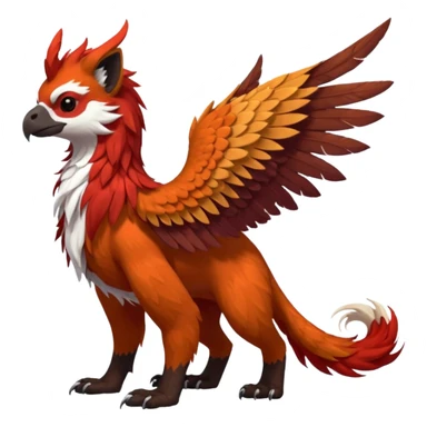4-legged realistic scaly winged long-big-beaked Gryphon-Griffin-Griffsnuff-Talonflame-Silvally-Braviary-Red-Panda-fusion-hybrid-animal-Fakémon-creature, full body, with a long thin tufted lion-tail, long tufted winged feathery ears sticker