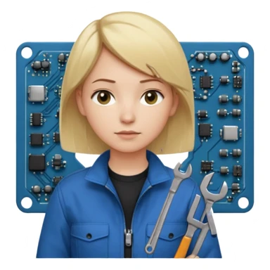 Calm and independent female engineer, fair skin, short straight blonde hair tucked behind the ears, neutral but focused expression, wearing a fitted blue utility jacket over a black crew-neck top, holding a small wrench in one hand and a circuit board in the other, waist-up, front-facing sticker