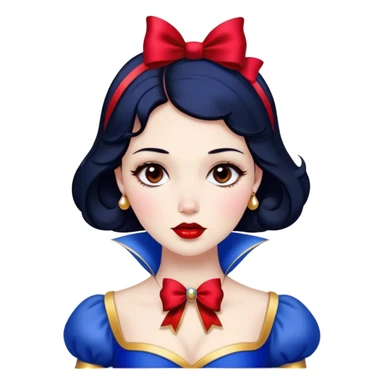 Cinematic Stunning Snow White Portrait Emoji, Fair skin glowing like porcelain, ruby-red lips, deep brown eyes full of kindness, raven hair framed by her iconic red bow, wearing her royal blue and gold gown, exuding timeless beauty and grace! sticker