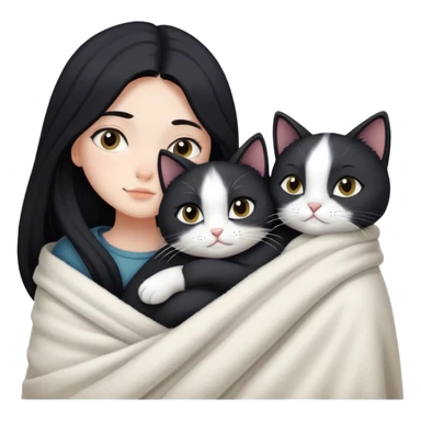 A girl with fair skin and long black hair wrapped in a blanket hugging a black and white cat sticker