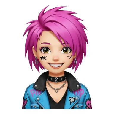 a punk girl with neck-length dyed hair and wear a punk graffiti jacket with black choker grin playfully  sticker