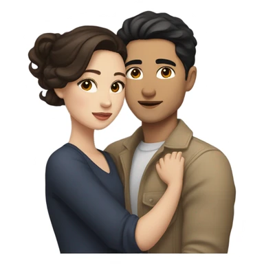 A pale half Asian man with short dark hair and amber eyes embracing and loving a white woman with long wavy brunette hair and dark hazel eyes. They love each other a lot And have good fashion taste and are hugging each other tight  sticker