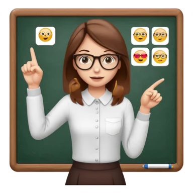 Make an emoji of a girl with brown hair who is teaching how to make emojis on a board pointing to the board like a teacher sticker