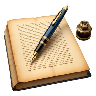 Create a vibrant emoji representing prose writing. The design should feature an open book with pages showing unfinished prose, a classic fountain pen or quill with black or dark blue ink, and an antique inkwell next to it. The pages should have visible lines of text, but some should remain unfinished, symbolizing the creative process. Use warm, earthy tones like brown, gold, and cream for the book and background, with the ink and pen in black or dark blue. The emoji should convey the idea of storytelling, creativity, and the unfinished nature of literary work. Make the background transparent. sticker