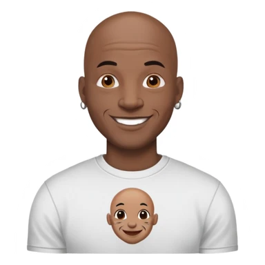 bald black man with bold full face tattoos, happy face, wearing a t-shirt sticker