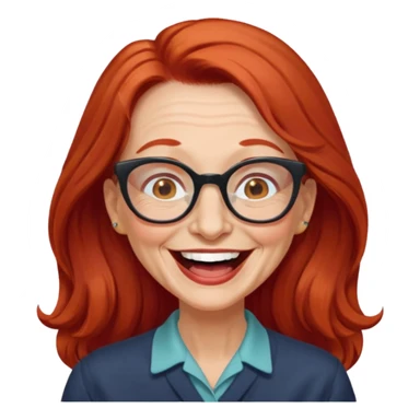 obese; older 50's ; long red hair ; women hazel eyes; glasses ; laughing sticker