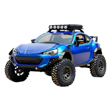 Rally race car Widened roof Long wheelbase widened pearly midnight satin dark blue  2025 Subaru brz off-road racer chrome nerf bars,side steps mounted under-door-sill climbing rock sliders, and matte silver wheels  sticker