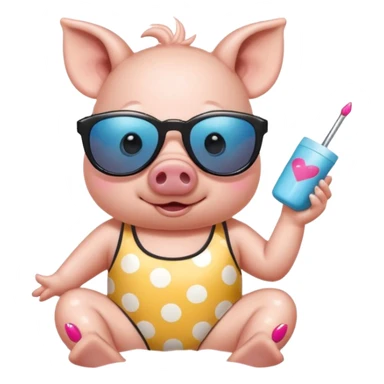 cute pig wearing  star-shaped sunglasses and polka dot bathing suit on all fours with nail polish, with a name tag saying hi my name is gerald sticker