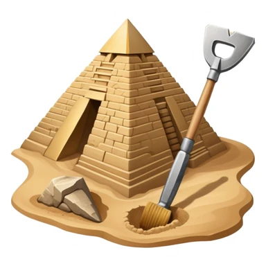 An icon showing archaeological tools like a trowel, brush, and pickaxe placed on sandy ground, with an Egyptian pyramid in the background. The design symbolizes excavation and discovery of ancient history, blending tools and iconic landmarks. Transparent background. sticker