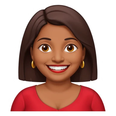 50 yr old chubby Sri Lankan woman, dark skin, straight brown hair, big smile, white teeth, red dress clothes, shoulder length hair sticker