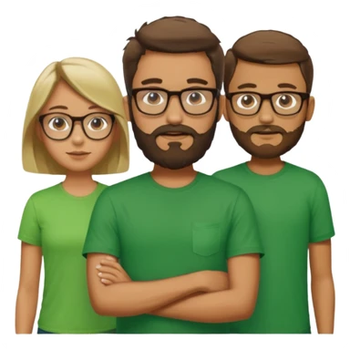 A family consisting of a man who's bearded, tanned, wearing glasses, a woman, slightly tanned, and a 14 year old teenage boy, slightly tanned, wearing a green t-shirt sticker