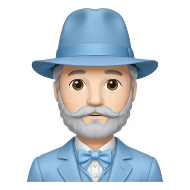 Man wearing a powder blue 1970s ruffle suit with bell bottoms, he has a powder blue fedora and a dark grey beard that comes to a point sticker