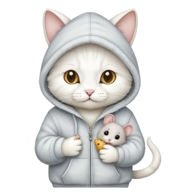 white hacker cat with a hoodie and a mouse sticker