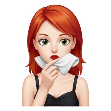 a woman with red hair and red eyes sniffing a white sock. The woman wear a black  dress sticker