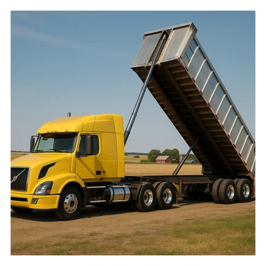 photorealistic Volvo yellow semi sleeper truck with a long silver end dump trailer, trailer raised in dumping position, side view, parked in a realistic country landscape with open fields and distant barns, sunny day, truck facing left sticker