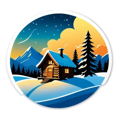 Eine Hütte im Wald mit einer Glaskuppel auf dem Dach, Winterlandschaft, Schnee und Nordlichter am Himmel sticker