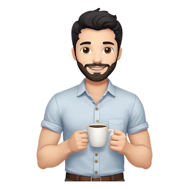 Casual portrait of a 35-year-old man with black wavy hair, stubble, strong jawline, white skin tone, wearing casual button-up shirt with rolled sleeves, holding coffee cup, friendly approachable smile, relaxed confident pose for social media sticker