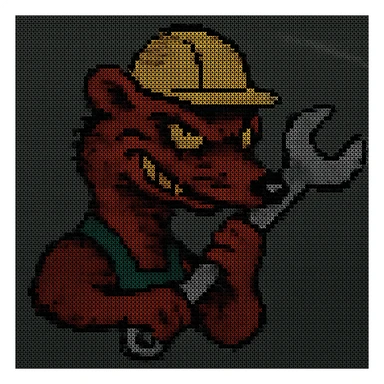 AN ANTHROPOMORPHIC WEASEL WITH A HARDHAT AND A LARGE SPANNER WRENCH - AIRPLANE FUSELAGE nose art 1940s era - he has a very VERY dark and mischevious look in his eye- grinning - digital scanner projection, virtual digital RETRO DOS ASCII ART [low resolution] sticker