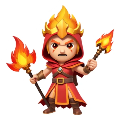 Clash of Clans aesthetic: Cinematic Ferocious Fire Mage Hero closeup Emoji, rendered in a 3D vector-style similar to standard emojis with minimal shading and bold, simplified shapes. A compact, isometric figure draped in flowing, charred and ember-lined robes, wielding a fiery staff crackling with intense flames. Eyes burning with an infernal glow, exuding raw, untamed power. Simplified yet unmistakably iconic, highly detailed and consistent, glowing with a fiery, molten radiance and high shine. Stylized with a touch of menacing sorcery and a searing, ember-infused outline, capturing the essence of a wrathful mage ready to unleash devastating fire magic! sticker