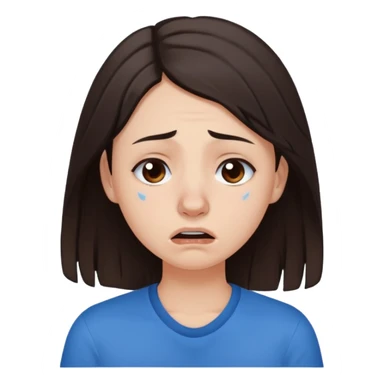 white young curly long hair girl, dark brown hair, with a blue shirt, in despair crying, brown eyes, septum nose piercing sticker