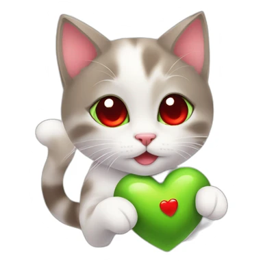 Super cute kitten with green anime eyes holding red hearts sticker