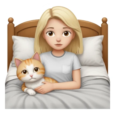 They recreate a photo of a blonde girl with light brown eyes, lying in bed sick with the flu, with her cat nearby. sticker