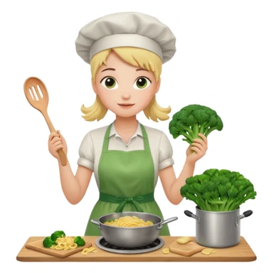 Girl cooking pasta for the first time with broccoli sticker