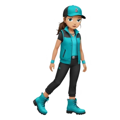 A landscaper in a beautiful turquoise jacket and turquoise boots, black pants, and a black sleeveless shirt. On his head is a black Swissotel baseball cap. The girl is a brunette with blue eyes. sticker