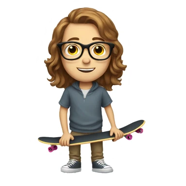 A brown-haired white boy  with glasses and a skateboard sticker