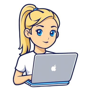 Hyper Realistic  
Blonde woman ponytail blue eyes with MacBook sticker