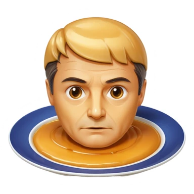 flan dessert bust and head of François Fillon, skin glossy creamy yellow flan texture and color, hair shiny translucent dripping caramel, entire face and head carved from flan, on a round white plate sticker