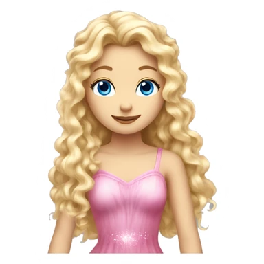 Create a blonde haired fairy with blue eyes and a pink dress with sparkly wings. The fairy has long, curly hair with a lot of volume sticker