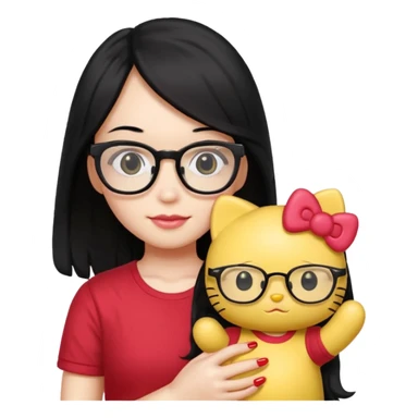 Nails cute with hello kitty wear glasses black long  hair, wear yellow shirt , red nails , big hello kitty sticker