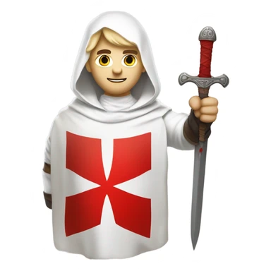 Bare headed blond haired Masonic knight Templar wearing a white tunic with a Red Cross on the front and a white mantle with a hood with a Red Cross on the left side and a male face with a red cap and holding a sword. sticker