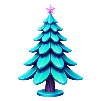 Futuristic glowing Christmas tree emoji with neon decorations, purple and cyan holographic glow, dark background, festive sparkles, no face. sticker