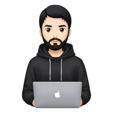 hackeur blanc cheveux noir barbe et capuche noir avec un macbook sticker