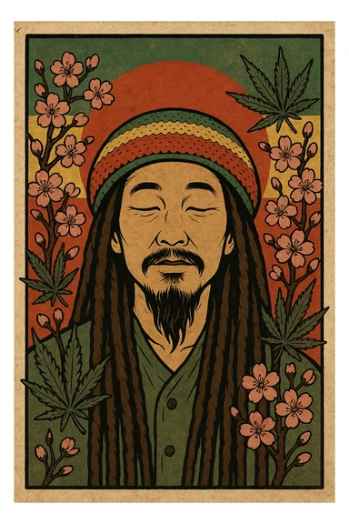 Vintage poster of an Asian Rasta with long dreadlocks, peaceful eyes, and a red-gold-green tam. Surrounded by cherry blossoms and ganja leaves. Background blends Rasta colors into an Asian flag (e.g., red sun from Japan or Chinese star). Retro reggae fusion vibe, with bold lines and aged paper texture.
 sticker