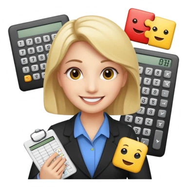 aUDITOR smiling with spreadsheet and a calculator, emoji, ADD A puzzle and a Balance for accounting sticker