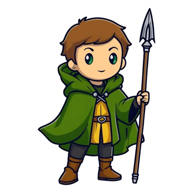 Rudeus Greyrat from Mushoku Tensei, green eyes, short light brown hair, wearing adventurer's outfit with a green cloak, holding a staff, confident and curious expression sticker