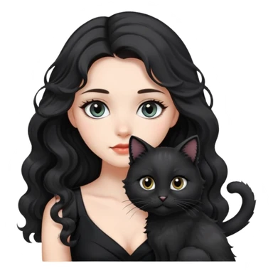 a beautiful girl with long black hair and black furry cat. She is wearing a black dress and has wave-like hair. bigger eyes and the distance between left&right eyes is closer. color of eyes are grey, no cat ears sticker