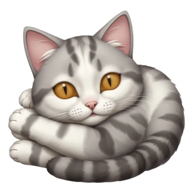 grey and white small cat with eyes closed lying down upside down with its head resting on its paw sticker