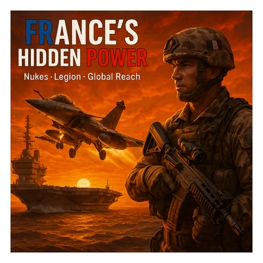 epic sunset scene of Rafale fighter jet taking off from a French aircraft carrier with an orange sky, foreground showing a French Foreign Legion soldier in desert camo holding an advanced rifle, bold French flag-colored headline 'FRANCE’S HIDDEN POWER', subtext 'Nukes • Legion • Global Reach', 8K, dramatic lighting sticker